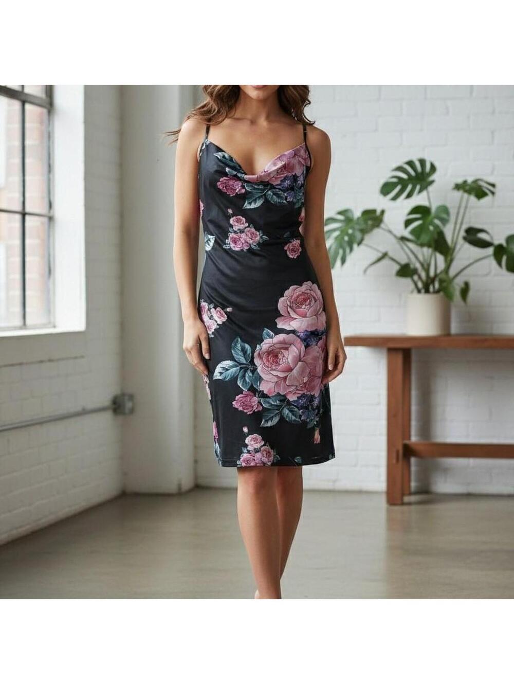 ✨ Stunning Floral Cowl Neck Satin Slip Dress ✨